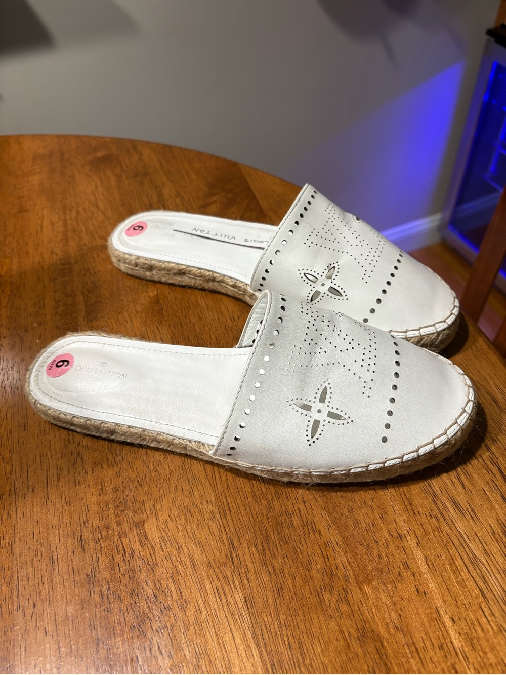 Sz 9/40 White Leather Espadrille Slide Mules - Louis Vuitton